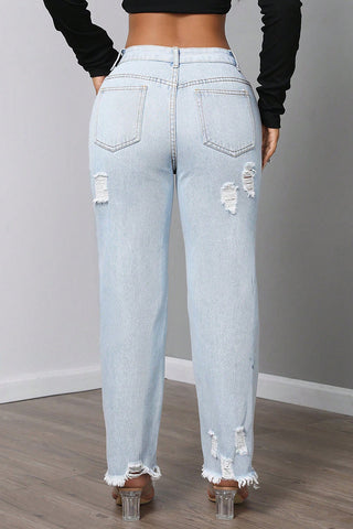 Distressed High-Waist Straight Jeans