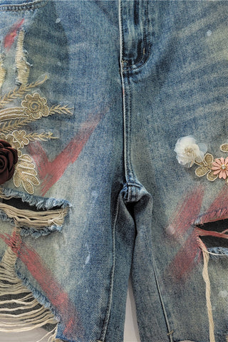 Distressed Floral Embellished Denim Shorts