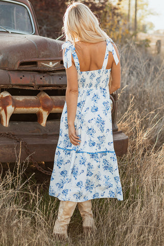 Tie Shoulder Ruffle Midi Dress
