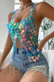 Iridescent Sequin Halter Tank Top