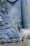 Denim Jacket with Feather Trim