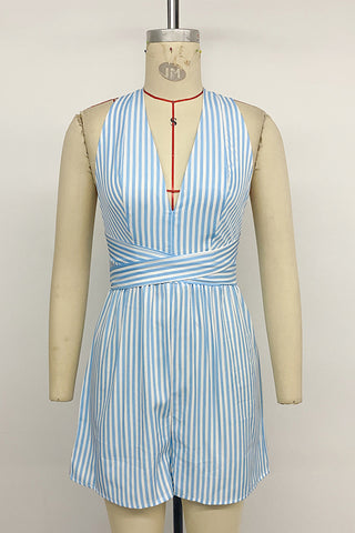 Striped Halter Romper with Waist Detail