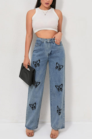 Butterfly Print Straight-Leg Jeans