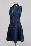 Belted Button-Front Denim Dress