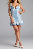 Floral Trim Denim Casual Dress