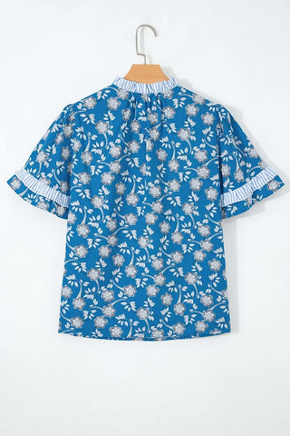 Button Tie Neck Short Sleeve Blouse