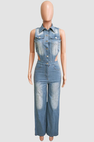 Button-Detail Flare Leg Jumpsuit