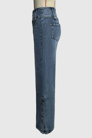 Button-Front Wide Leg Denim Pants