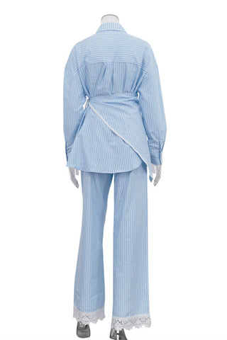 Striped Lace-Trim Pant Set