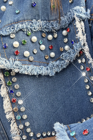 Embellished Denim Jacket with Frayed Edges