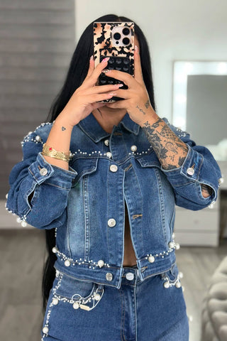 Embellished Denim Pant Set