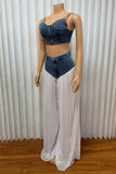 Pleated Wide-Leg Pants Set with Denim Top