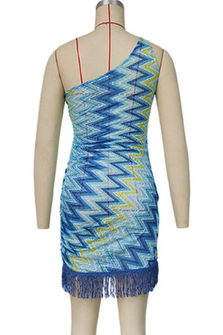 One-Shoulder Fringe Hem Mini Dress