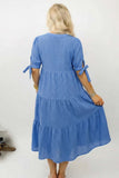 Gingham Bow Tie Short Sleeve Tiered Midi Dress