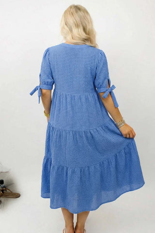 Gingham Bow Tie Short Sleeve Tiered Midi Dress