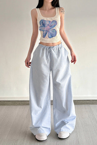 Gingham Drawstring Wide-Leg Pants