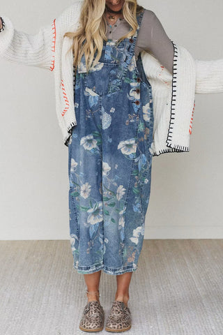 Floral Pattern Denim Jumpsuit