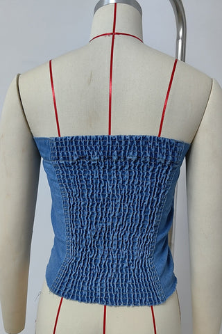 Button-Front Strapless Denim Top