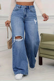 High-Waisted Ripped Straight Jeans