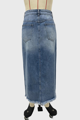 Distressed High-Low Denim Skirt