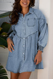 Smocked Cuffs Flared Denim Shirt Dress