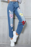 Floral Appliqué Straight Jeans
