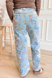 Floral Printed Raw Hem Straight Jeans
