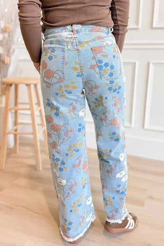 Floral Printed Raw Hem Straight Jeans