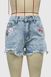 Patterned Denim Shorts with Distressed Hem