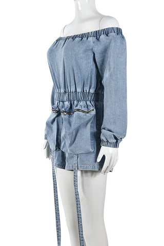 Off-Shoulder Denim Romper with Zipper Pockets