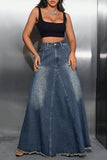 Distressed Hem Denim Maxi Skirt