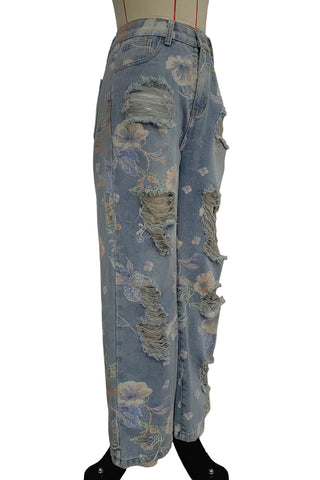 Floral Distressed Straight Jeans