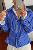 Striped Button-Up Blouse with Lace Trim