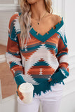 Distressed Hem Geometric Sweater