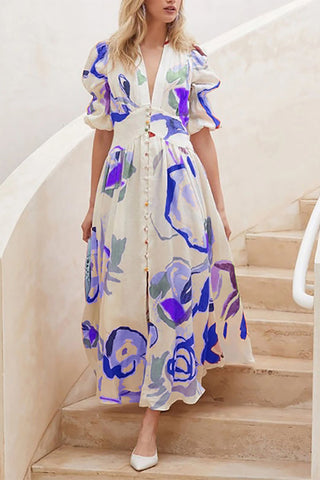 Floral-Print Button-Front Vacation Dress