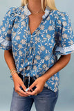 Button Tie Neck Short Sleeve Blouse