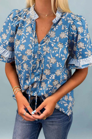 Button Tie Neck Short Sleeve Blouse