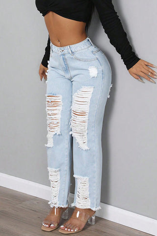 Distressed High-Waist Straight Jeans