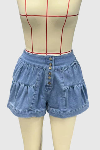 Button-Front Tiered Denim Shorts