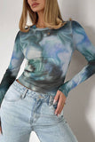 Abstract Print Long Sleeve Mesh Top