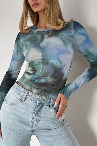Abstract Print Long Sleeve Mesh Top