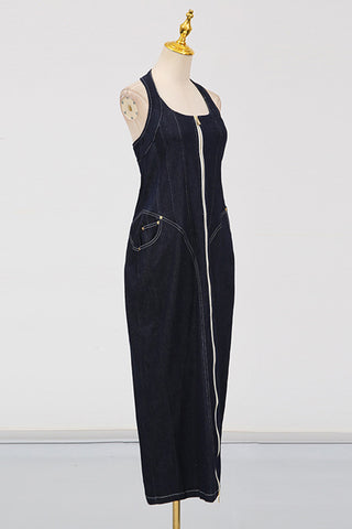 Zip-Front Denim Halter Dress
