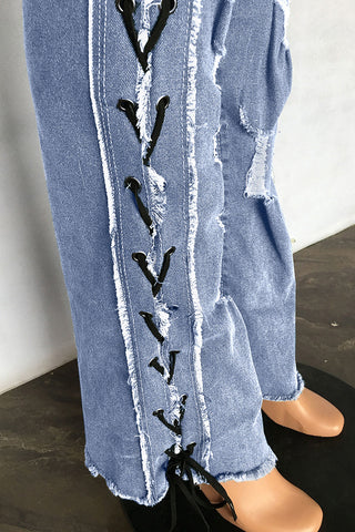 Distressed Lace-Up Straight Jeans