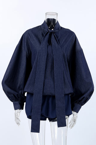 Tie-Neck Balloon Sleeve Short Set