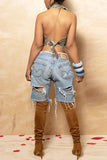 Distressed Paint-Splatter Denim Shorts