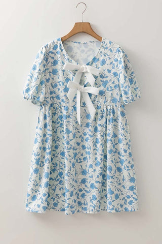 Floral Bow Puff Sleeve Mini Dress