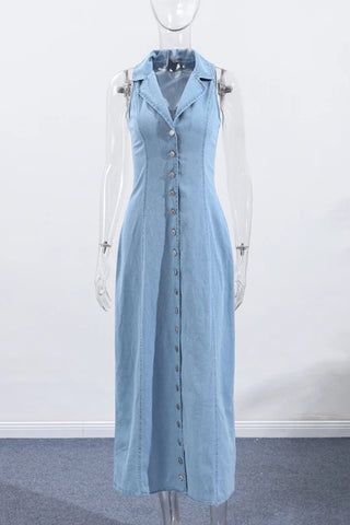 Sleeveless Denim Button-Front Dress
