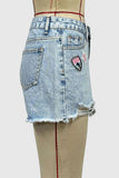 Patterned Denim Shorts with Distressed Hem