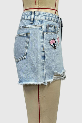 Patterned Denim Shorts with Distressed Hem