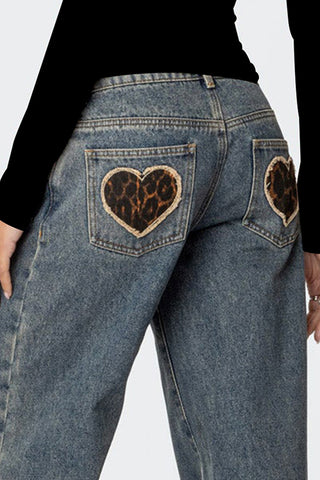 Leopard Heart Pocket Straight Leg Jeans